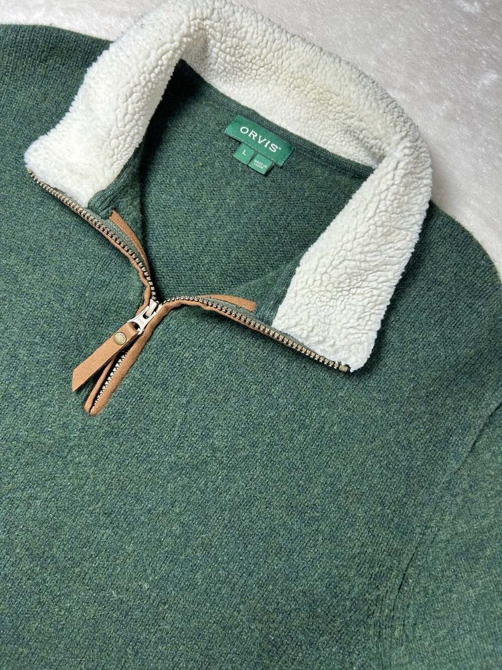 Orvis Mens Large 100% Lambswool Quarter Zip Fleece Lined Collar Sweater Green